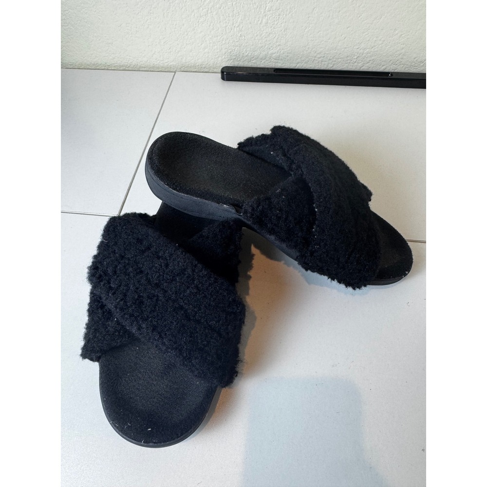 Vionic Relax II Faux Fur Slippers Womens 9 Black Criss Cross Orthopedic Comfort‎